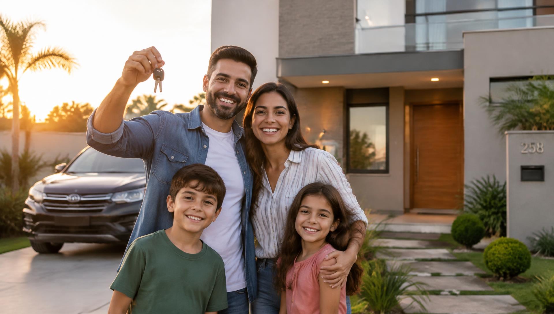 Família feliz comemorando a conquista da casa própria e do carro novo
